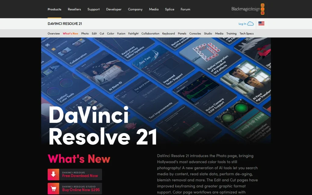 DaVinci Resolve official pricing page screenshot with plan names
