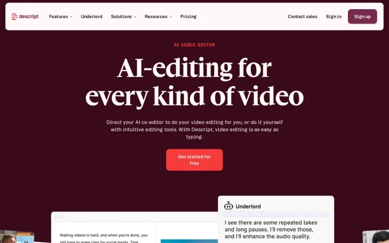 Descript homepage screenshot showing the official landing page