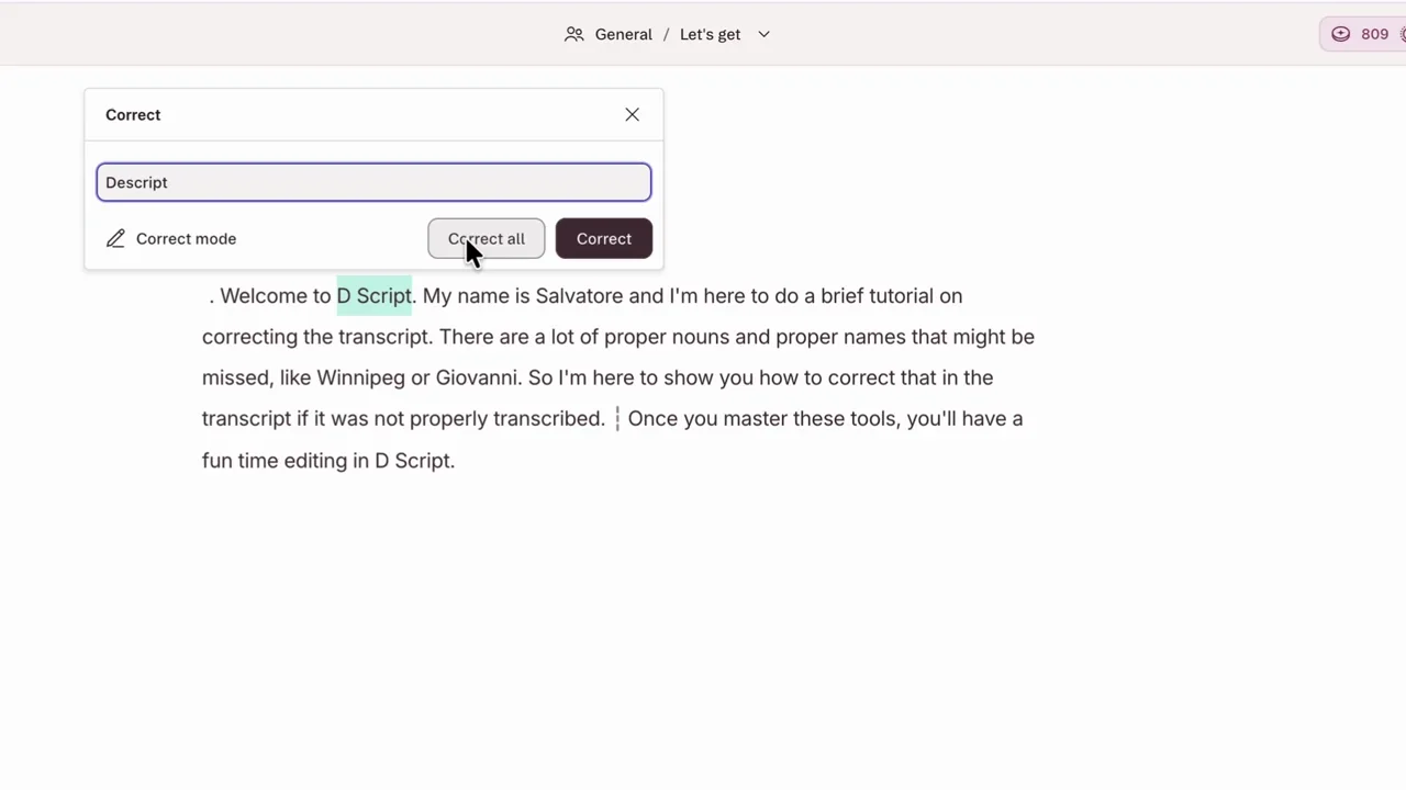 Descript tutorial showing the Correct dialog and separate Correct all and Correct buttons