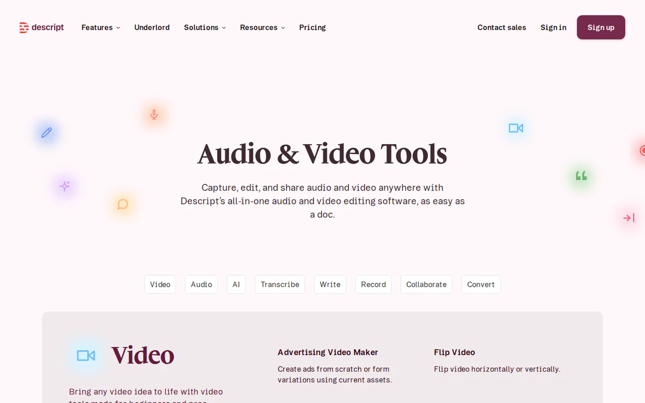 Descript official features page showing the product interface