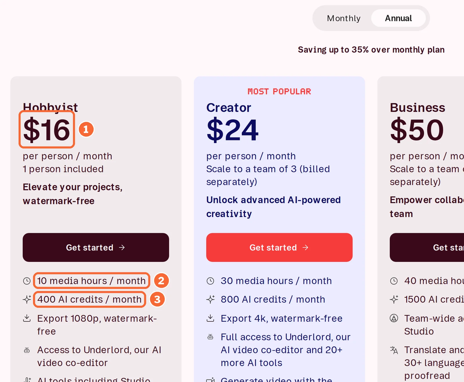 Descript pricing page Hobbyist card with price, 10 media hours and 400 AI credits marked