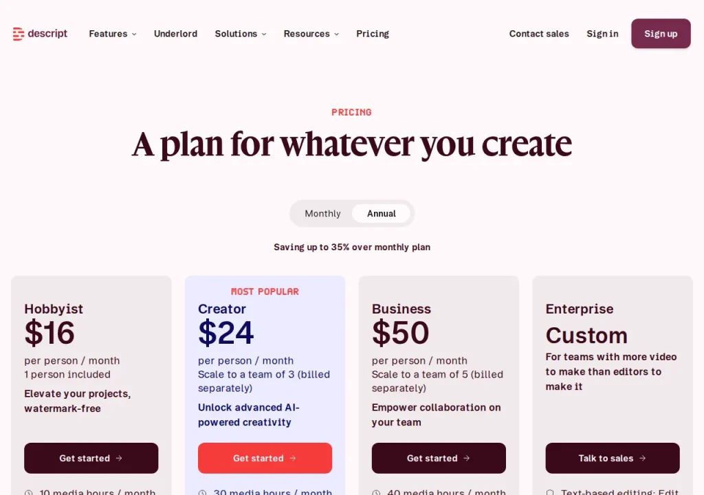 Screenshot of the official Descript pricing page showing annual plan prices, September 2026