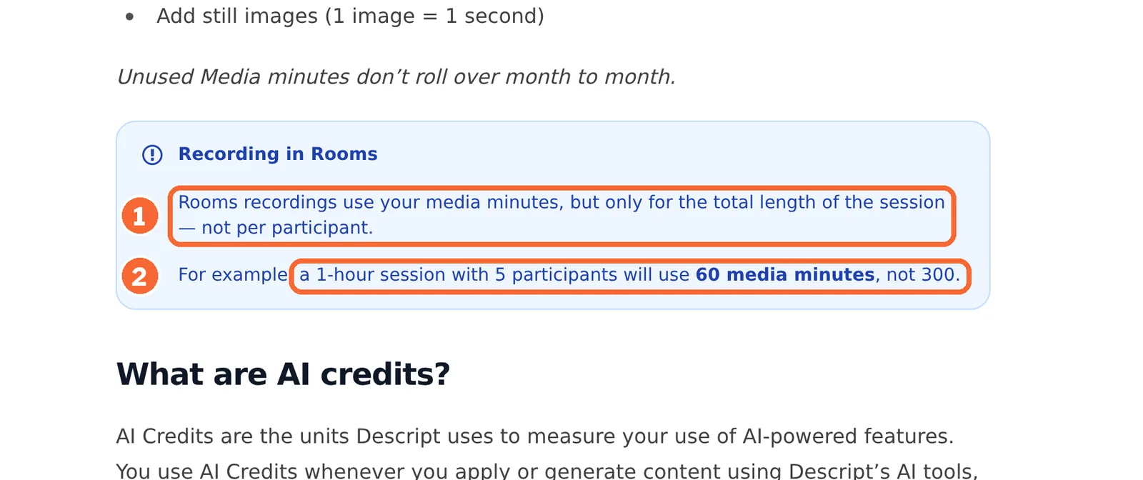 Descript Help Center note that Rooms recordings count the session length, with a one-hour, five-person example marked