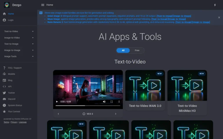 Dezgo homepage screenshot showing the official landing page