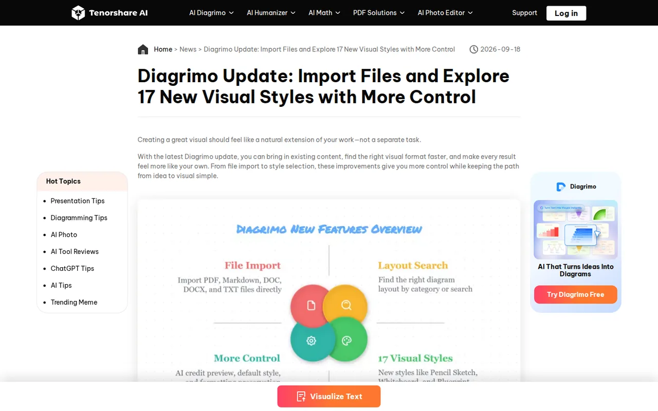 Diagrimo update page announcing file import, layout search and 17 new visual styles
