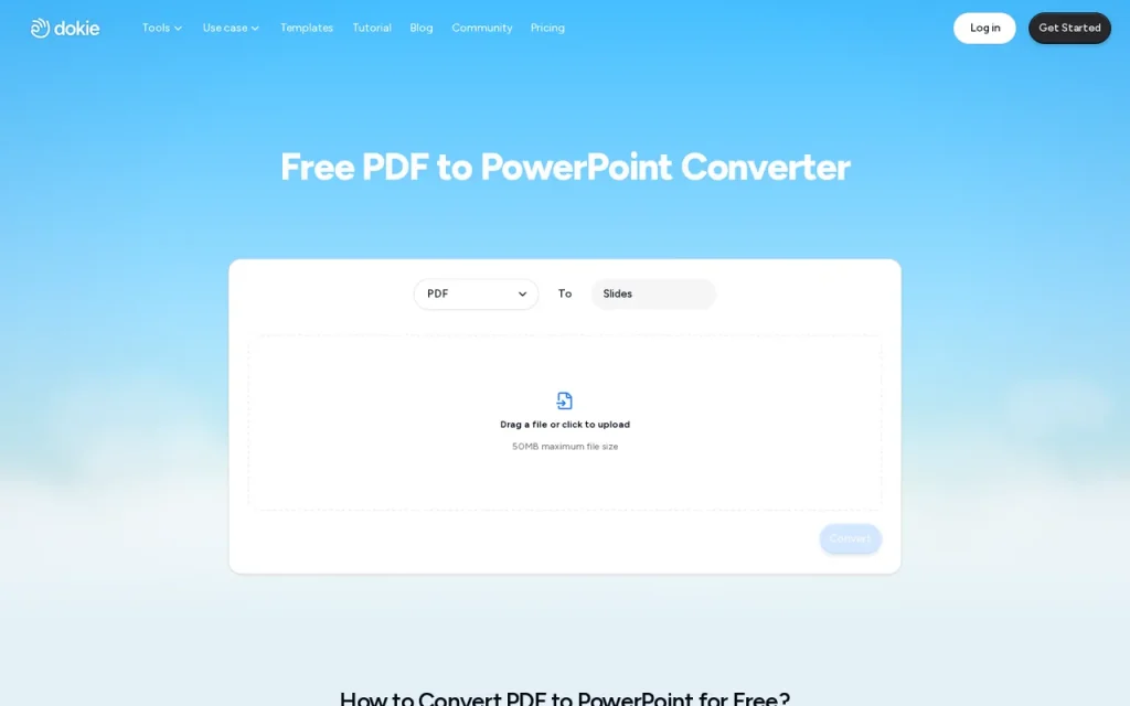 Dokie PDF to PowerPoint converter upload screen showing the 50 MB file limit