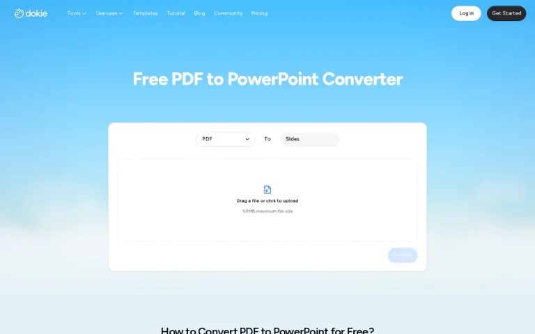Dokie PDF to PowerPoint converter upload screen showing the 50 MB file limit