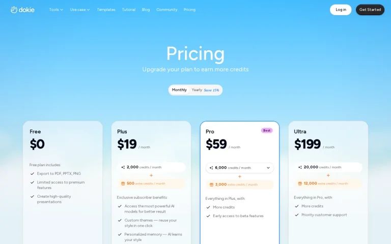 Dokie AI official pricing page screenshot with plan names