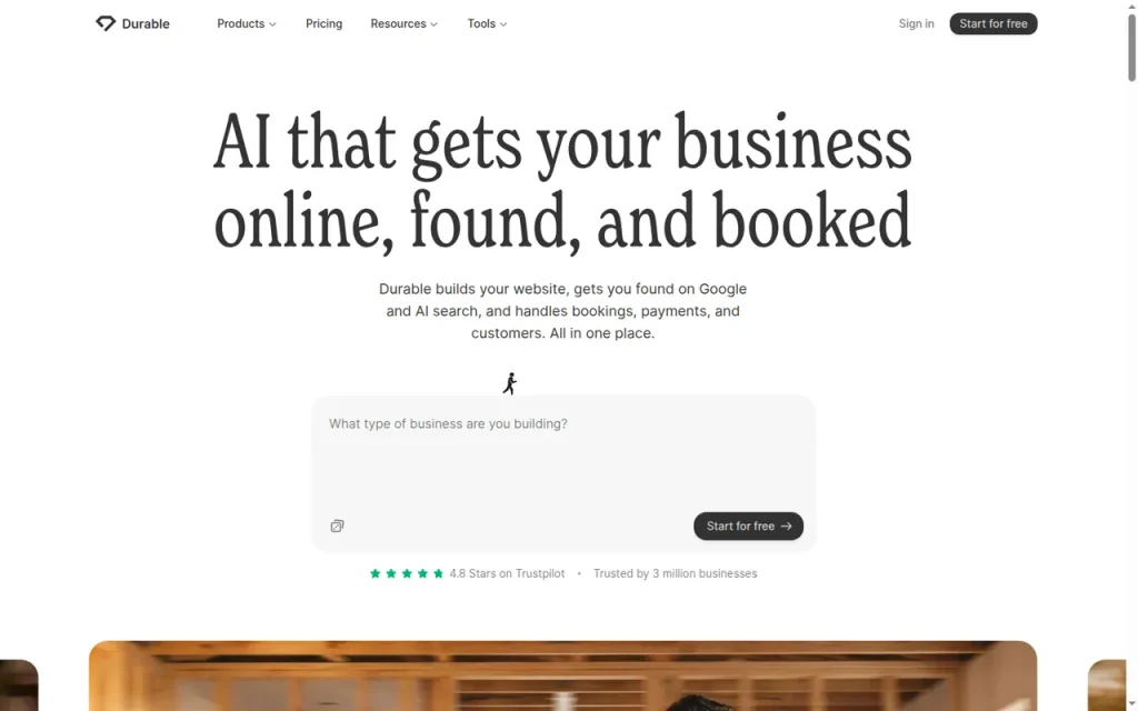 Durable homepage screenshot showing the official landing page