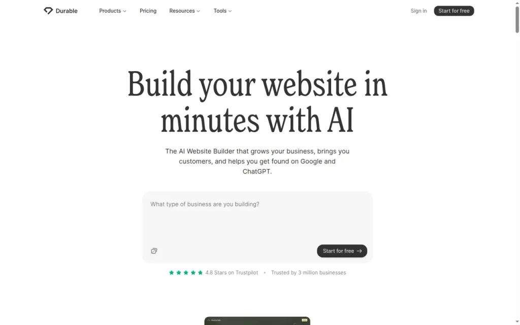 Durable features page screenshot showing the product interface