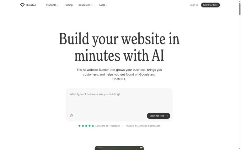 Durable features page screenshot showing the product interface