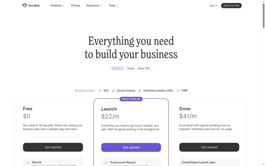 Durable official pricing page screenshot with plan names