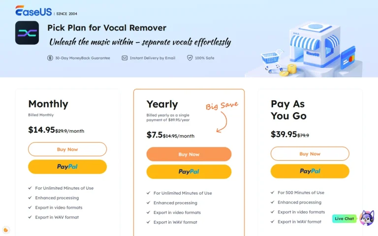 EaseUS Vocal Remover official pricing page screenshot with plan names