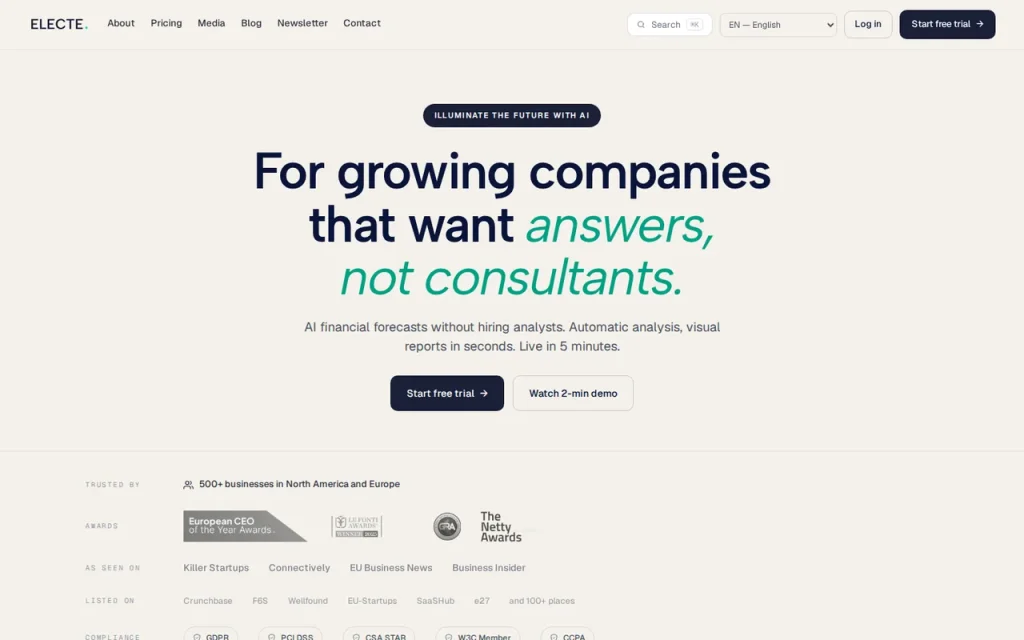 ELECTE homepage screenshot showing the official landing page