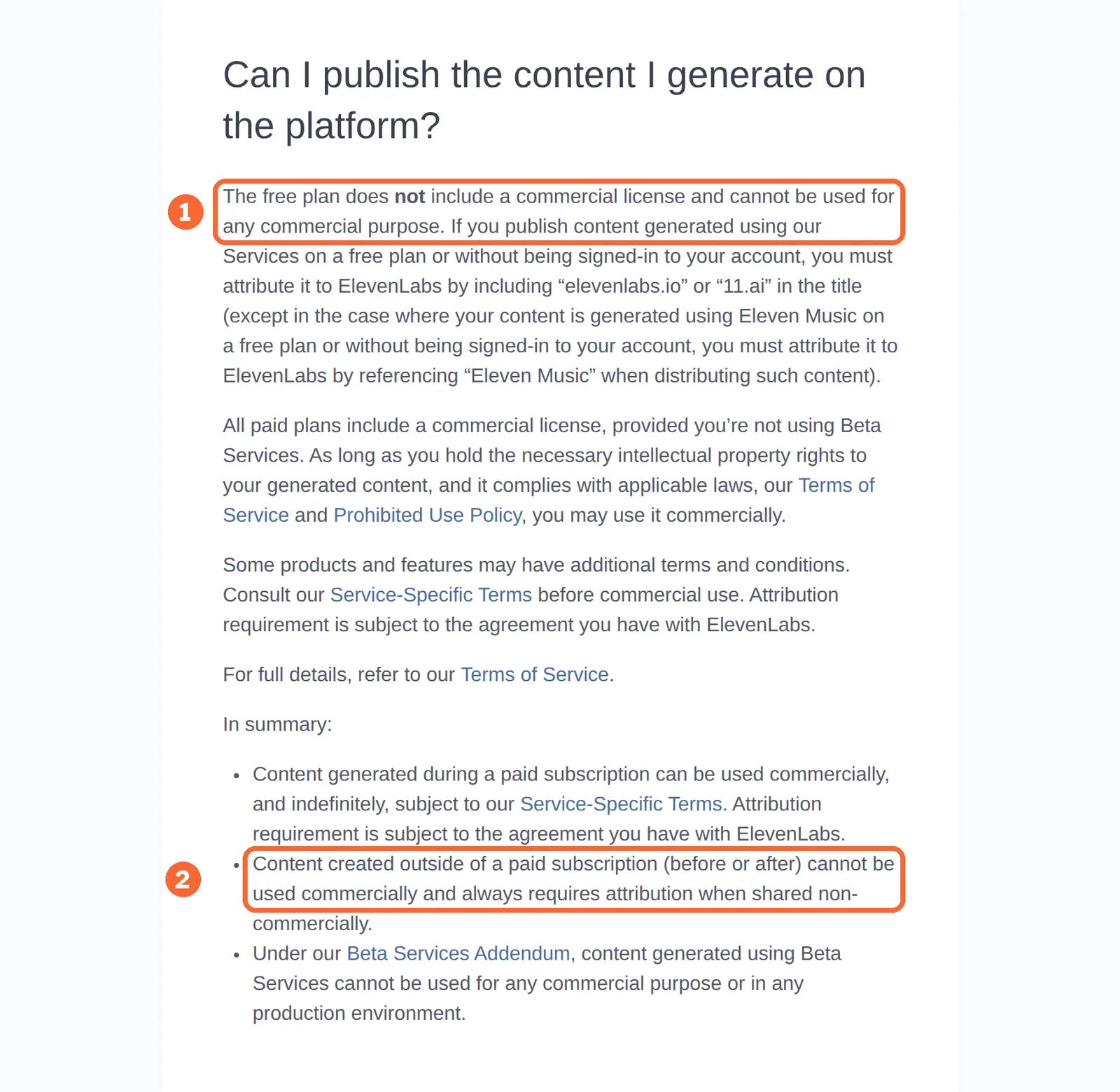 ElevenLabs Help Center article on publishing generated content with the free-plan licence sentences marked