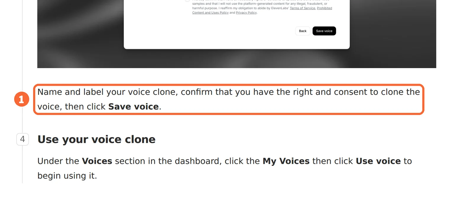 ElevenLabs instant voice cloning steps with the right-and-consent confirmation marked