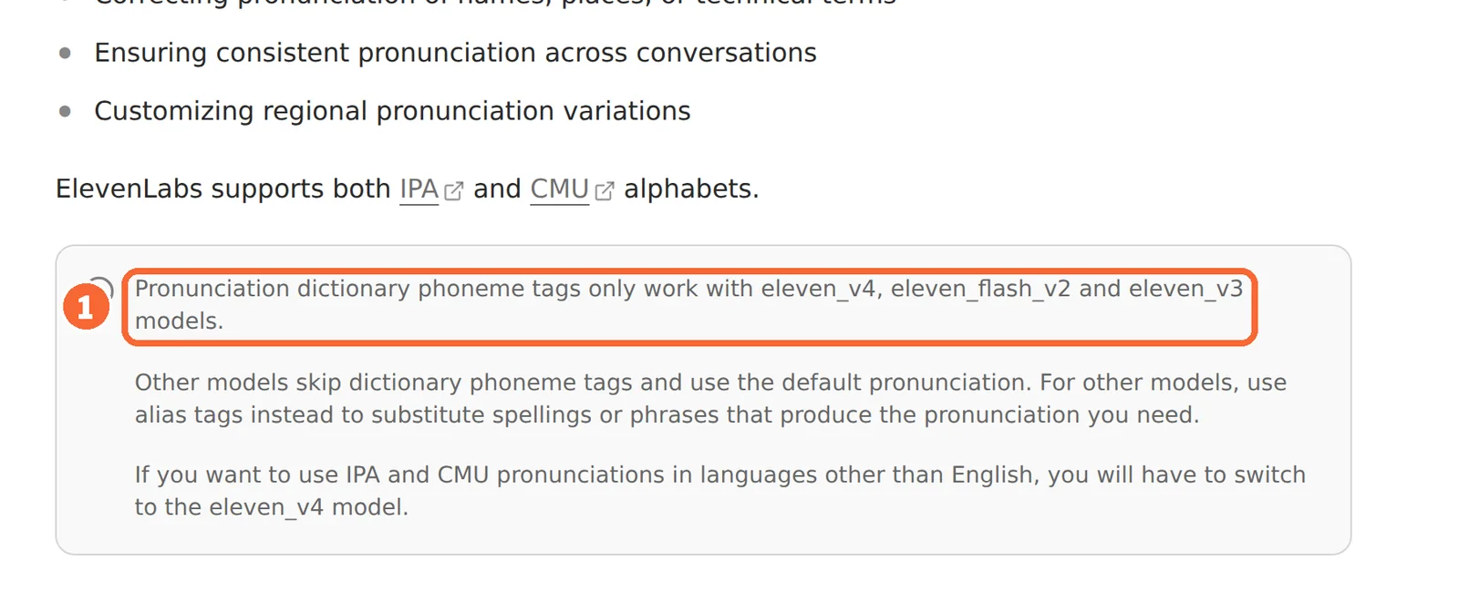 ElevenLabs pronunciation dictionary documentation with the note limiting phoneme tags to three models marked