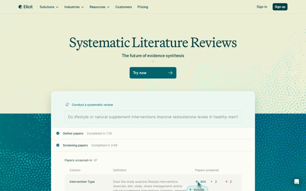 Elicit features page screenshot showing the product interface