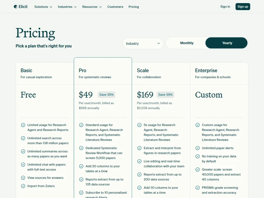 Elicit pricing with Industry and Yearly selected