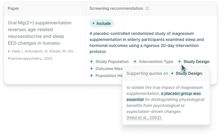 Elicit provider example with a supporting quotation opened beside a screening recommendation