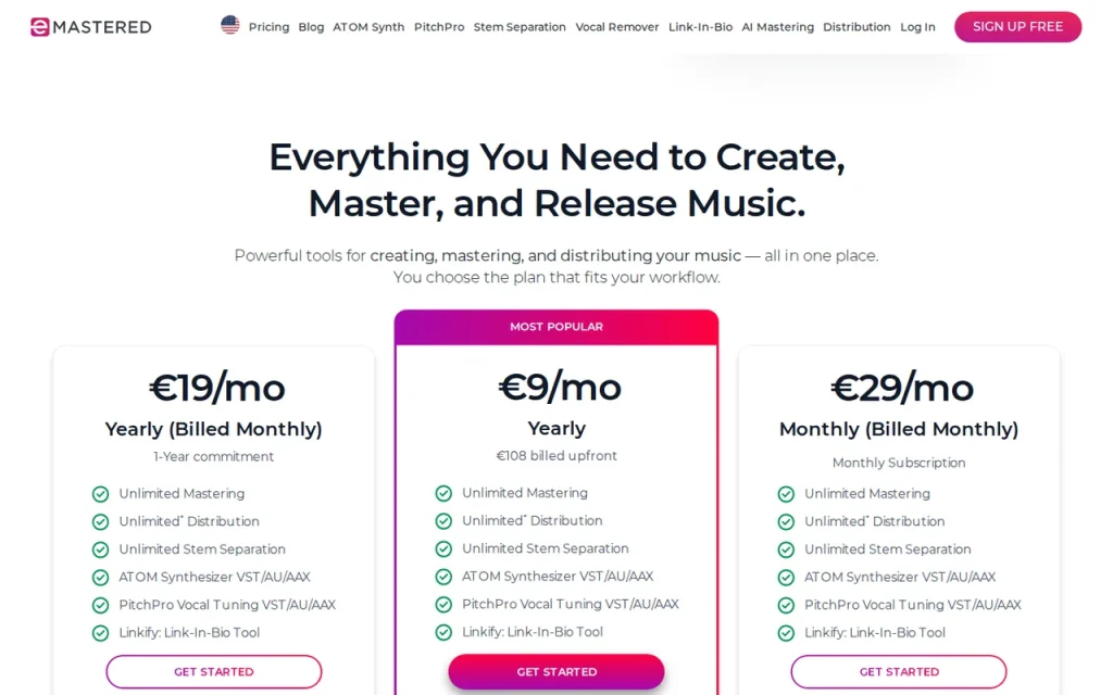 eMastered official pricing page screenshot with plan names and prices
