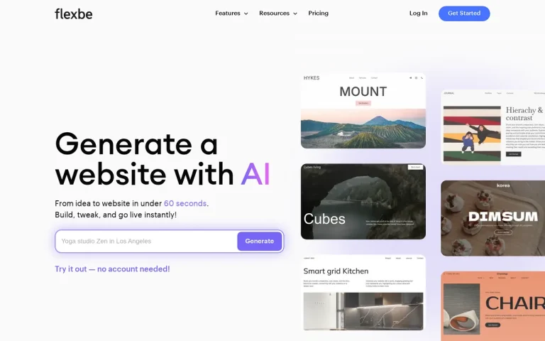 Flexbe homepage screenshot showing the official landing page