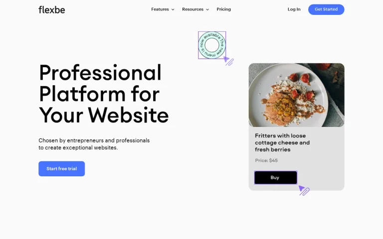 Flexbe features page screenshot showing the product interface