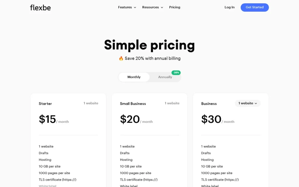 Flexbe official pricing page screenshot with plan names