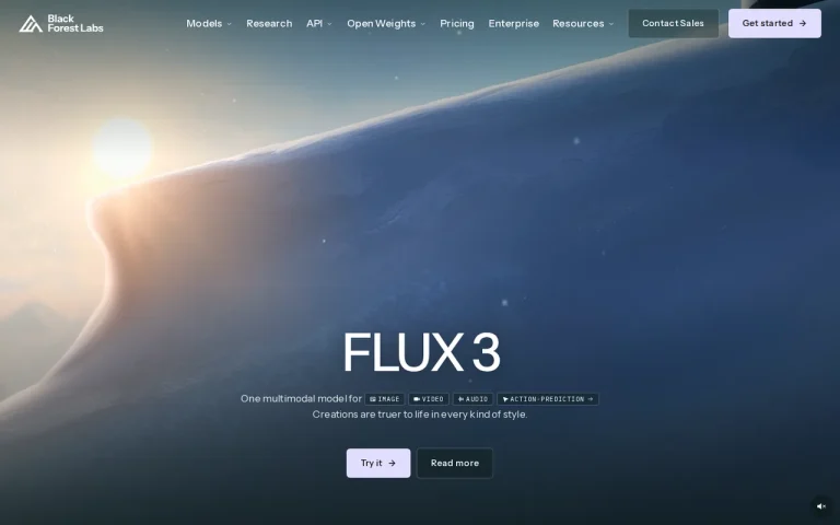 Black Forest Labs homepage with the FLUX 3 announcement and main navigation