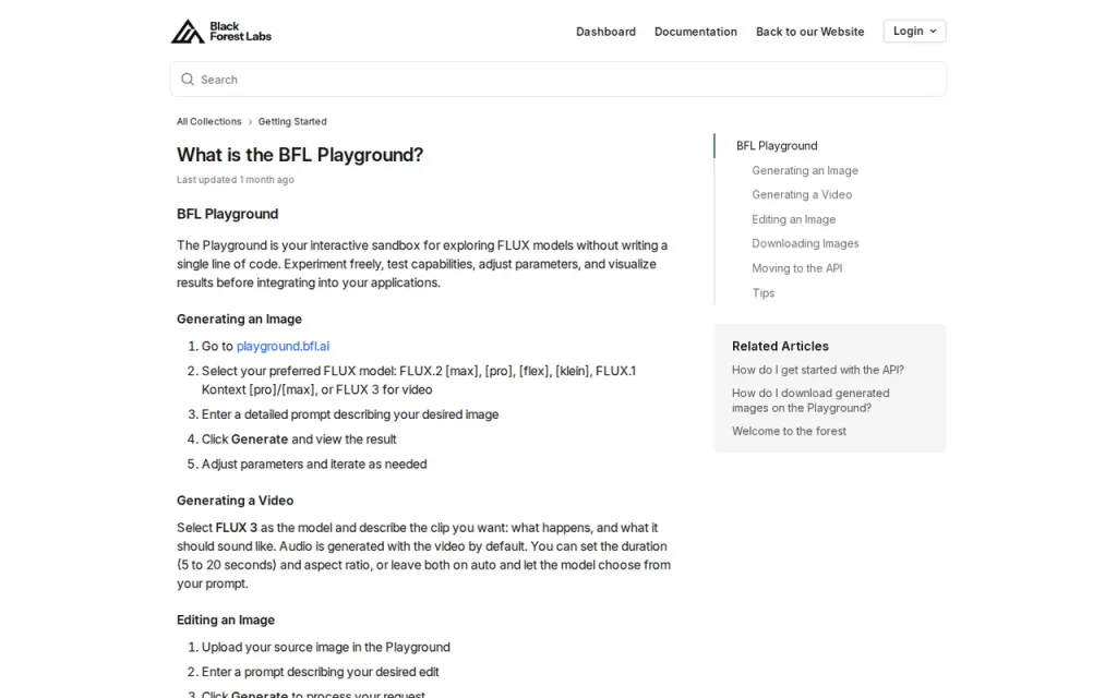 BFL help center article listing Playground models and steps for image and video generation