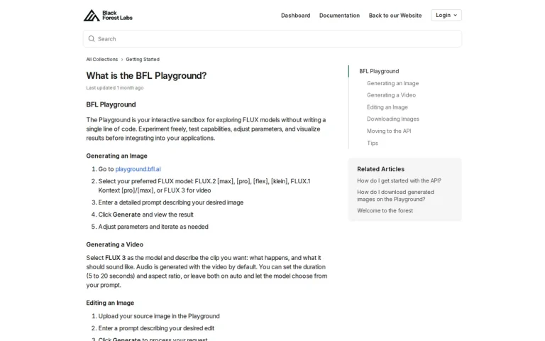 BFL help center article listing Playground models and steps for image and video generation