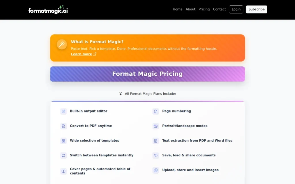 Format Magic official pricing page screenshot with plan names
