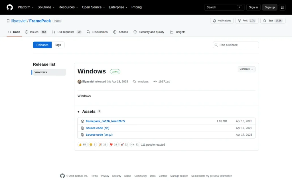 FramePack GitHub release page listing the framepack_cu126_torch26.7z Windows package at 1.69 GB
