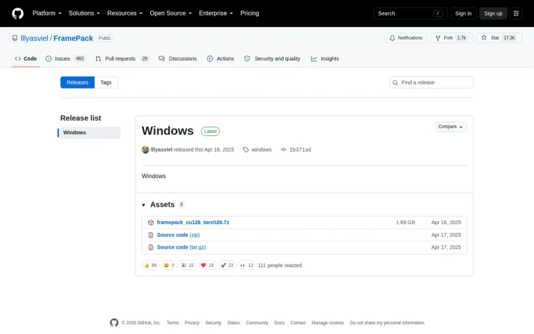 FramePack GitHub release page listing the framepack_cu126_torch26.7z Windows package at 1.69 GB