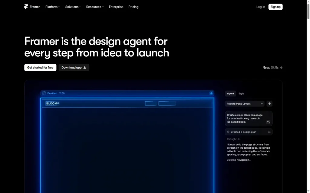 Framer homepage screenshot showing the official landing page