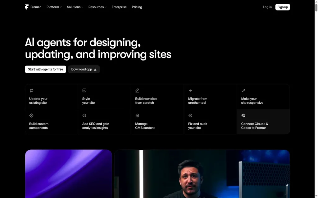 Framer features page screenshot showing the product interface