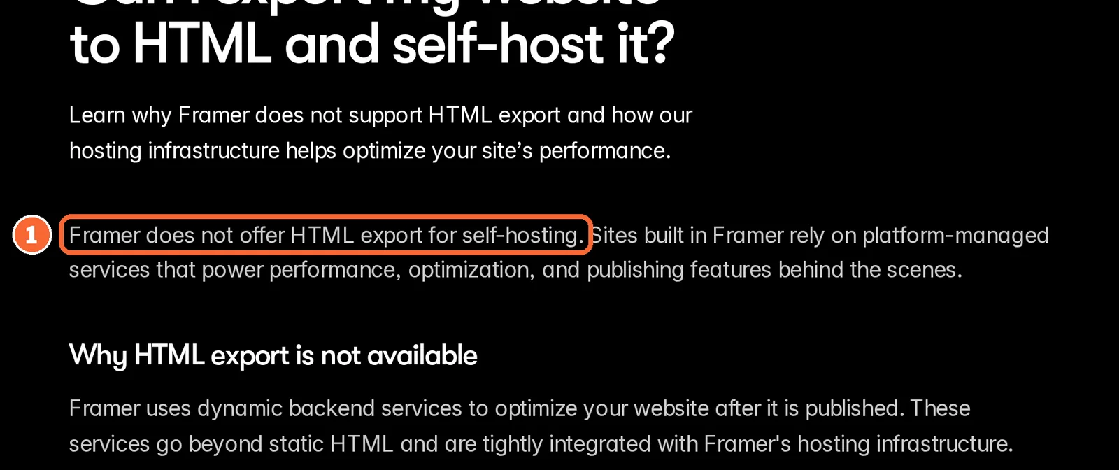 Framer Help Center article with the sentence that Framer does not offer HTML export for self-hosting marked
