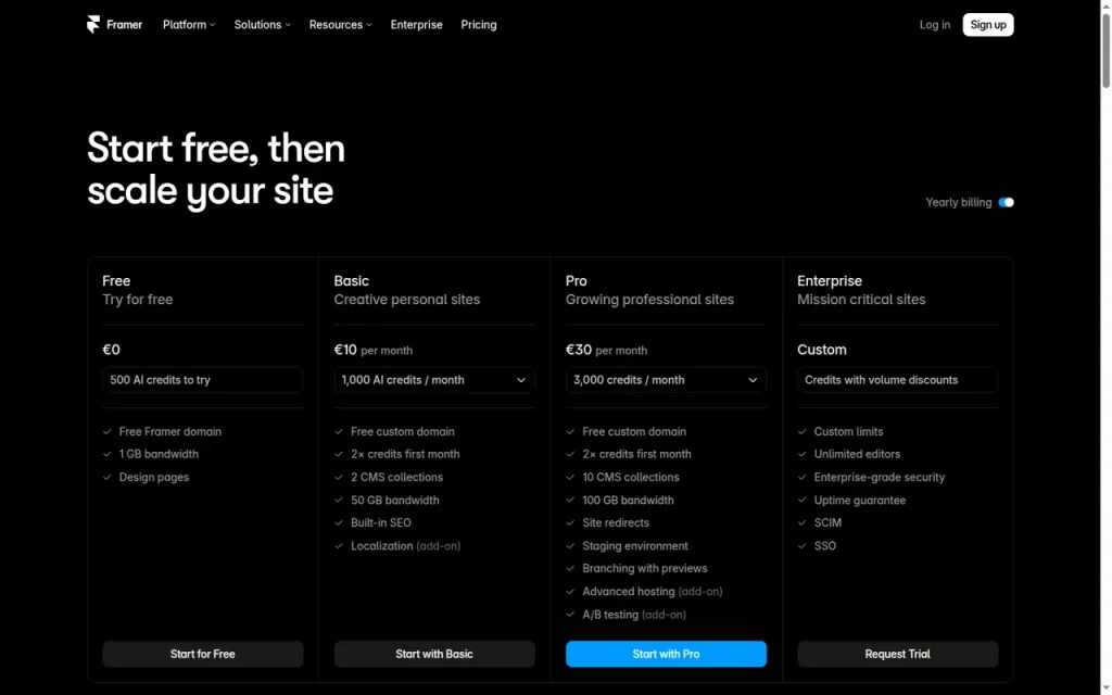 Framer official pricing page screenshot with plan names