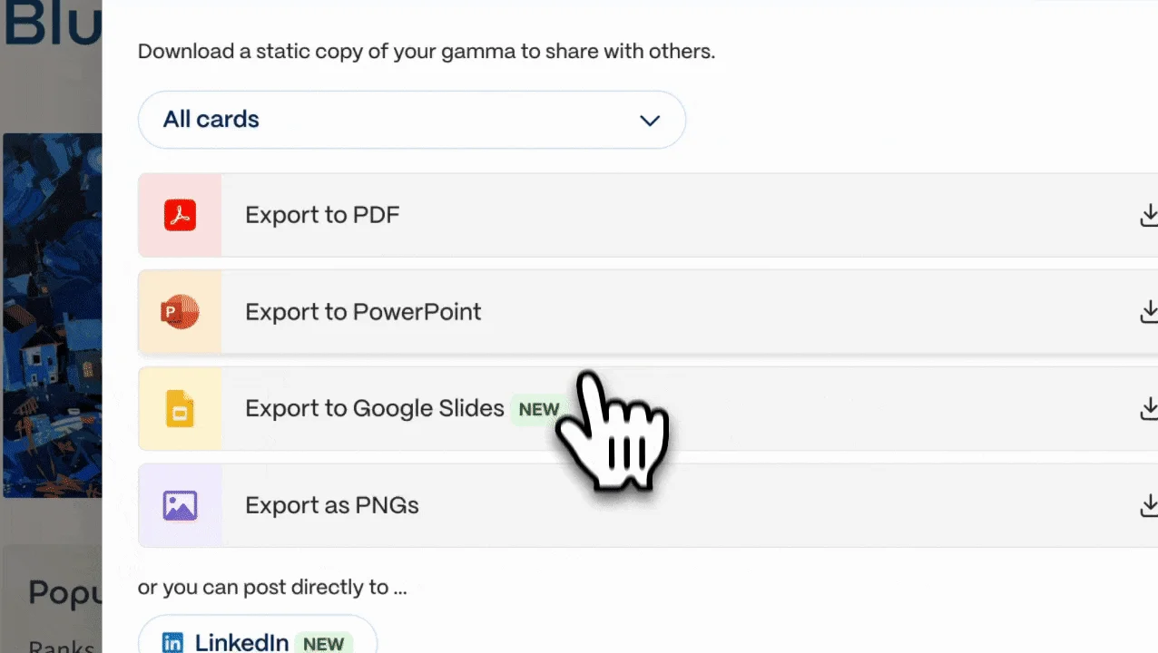 Gamma provider demo showing PDF and PowerPoint options in the export menu