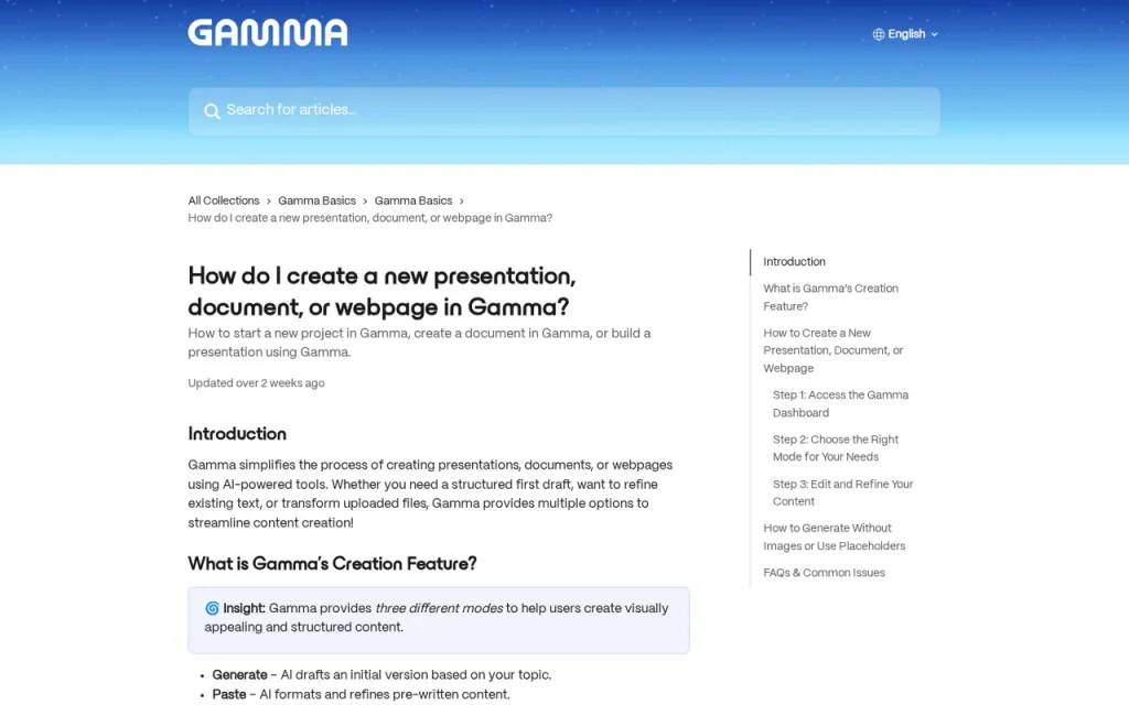 Gamma features page screenshot showing the product interface