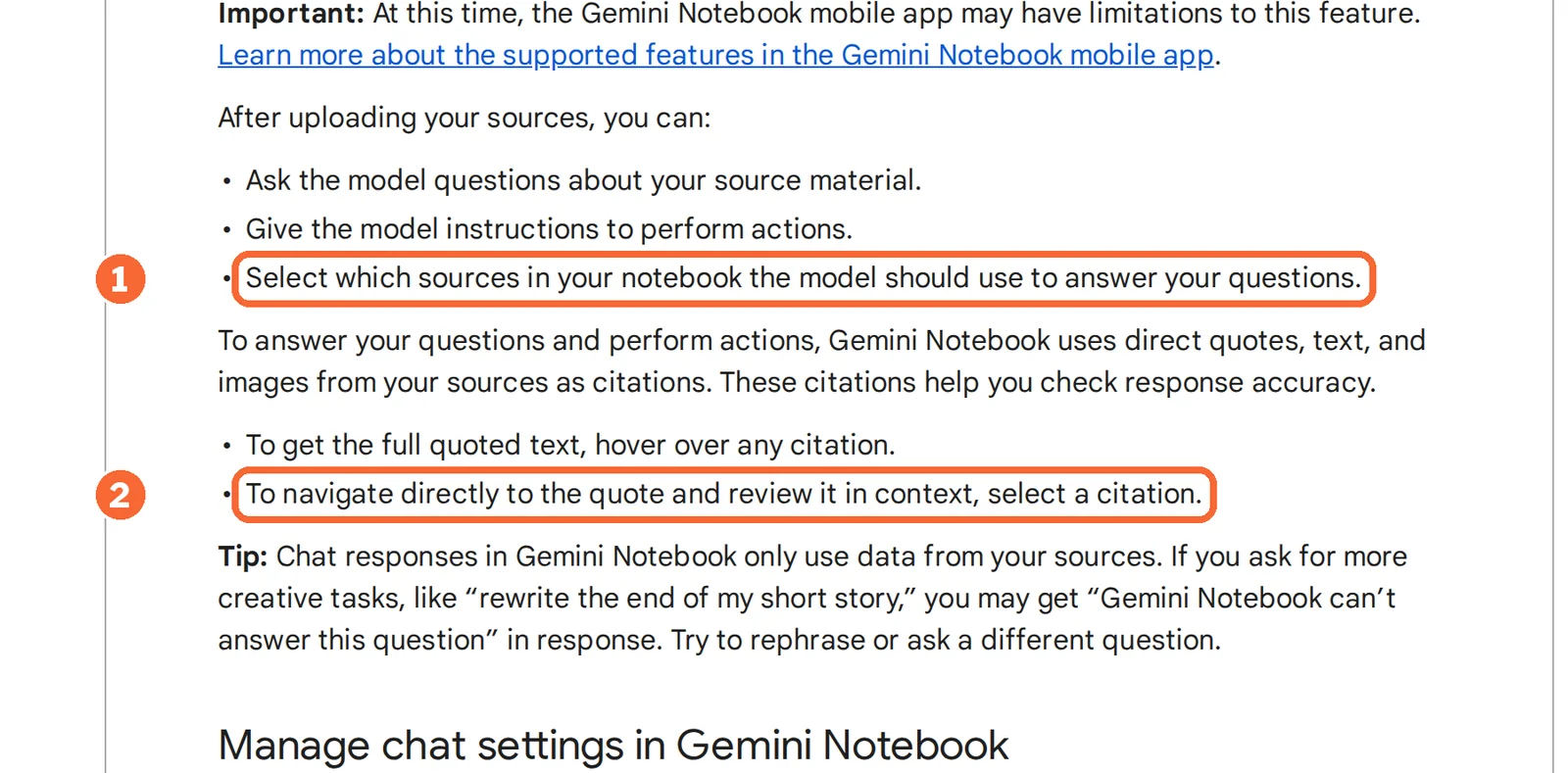 Gemini Notebook Help article with the steps to select sources for answers and open a cited quote in context marked