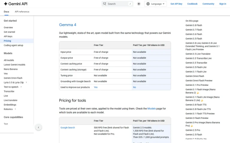 Gemma 4 row on the official Gemini API pricing page showing free-tier and paid-tier availability