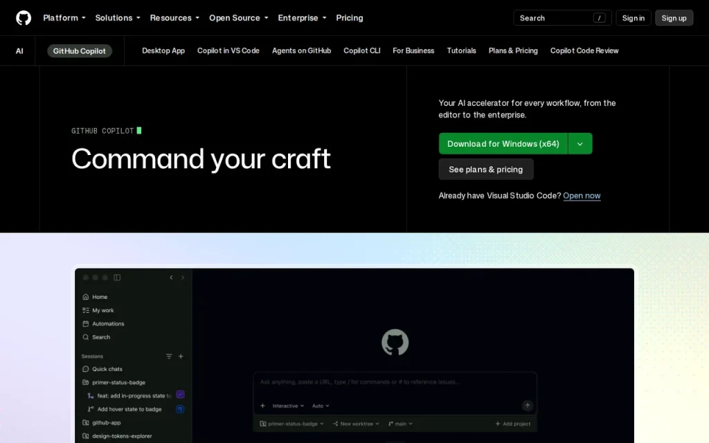 GitHub Copilot homepage screenshot showing the official landing page