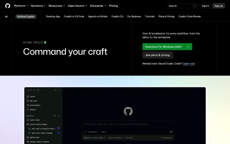GitHub Copilot homepage screenshot showing the official landing page