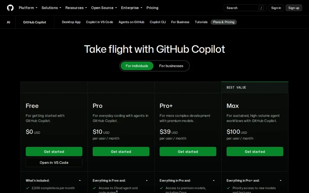 GitHub Copilot official pricing page screenshot with plan names