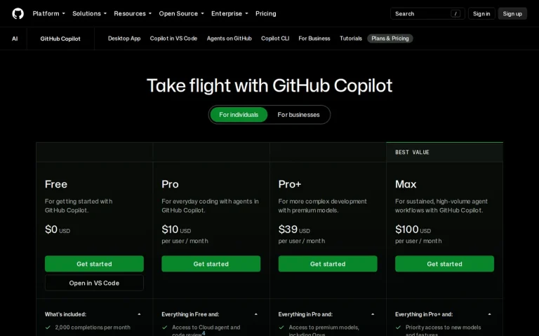GitHub Copilot official pricing page screenshot with plan names