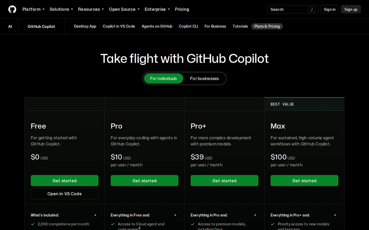 GitHub Copilot official plans page with plan names