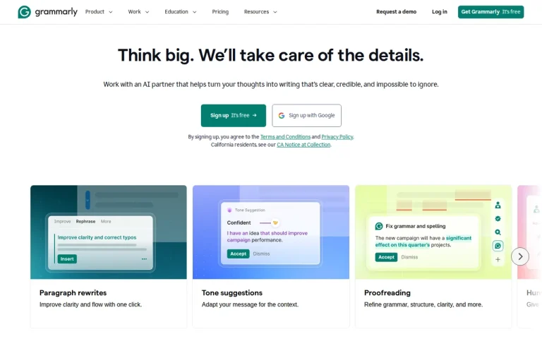 Grammarly homepage screenshot showing the official landing page