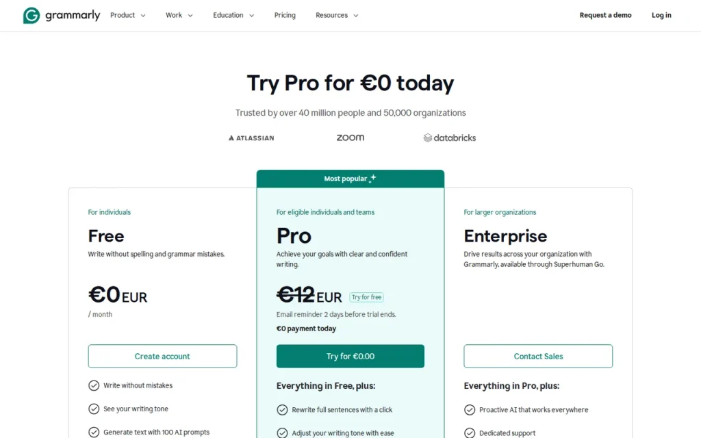 Grammarly official pricing page screenshot with plan names
