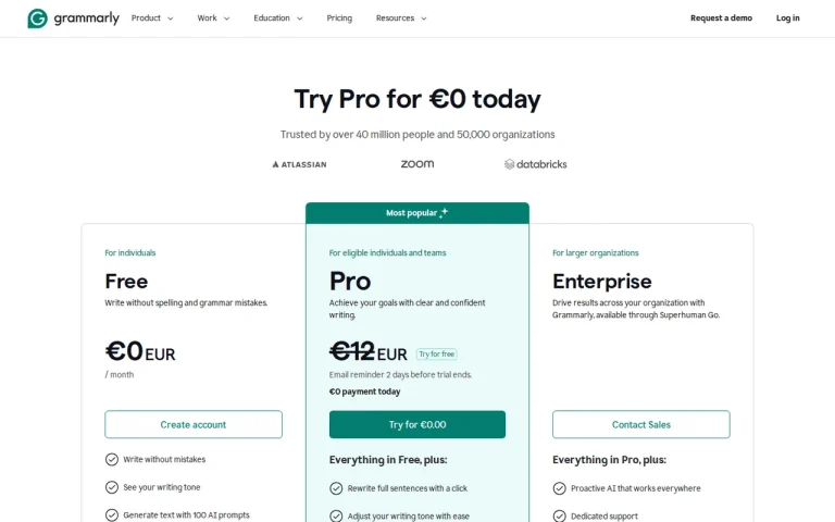 Grammarly official pricing page screenshot with plan names